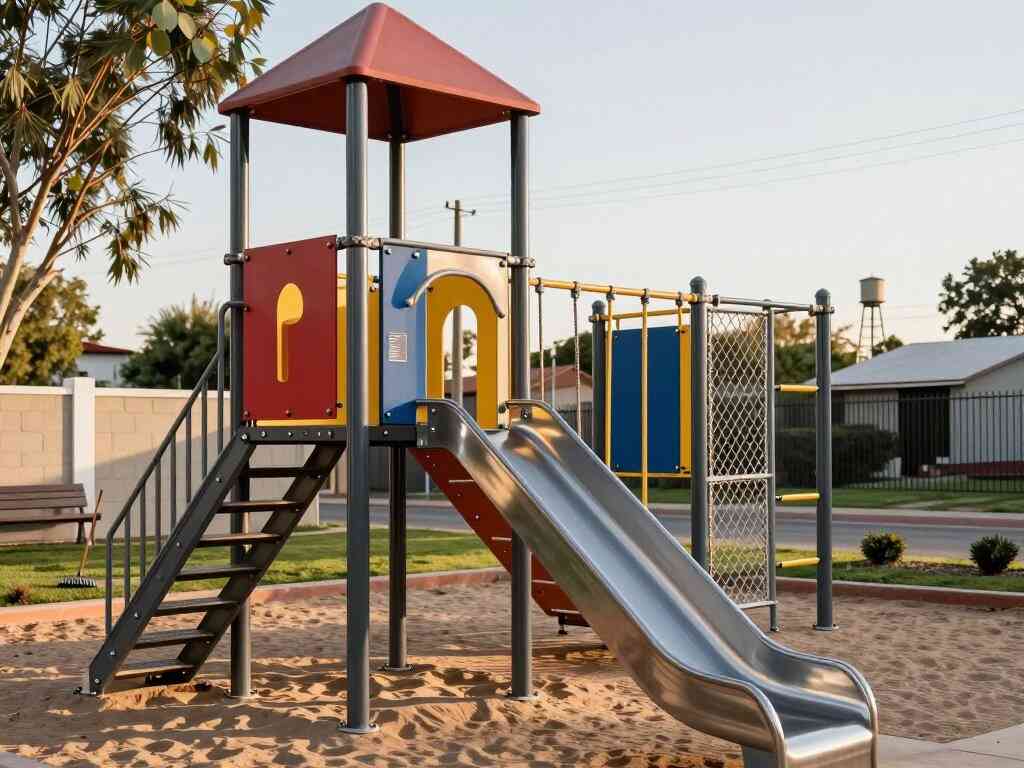 Estructura metálica de juegos infantiles con techo, escalera y tobogán de acero