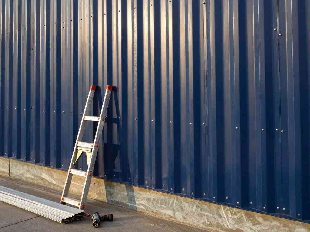Pared de chapa trapezoidal azul recién colocada, con una escalera y chapas apoyadas al pie
