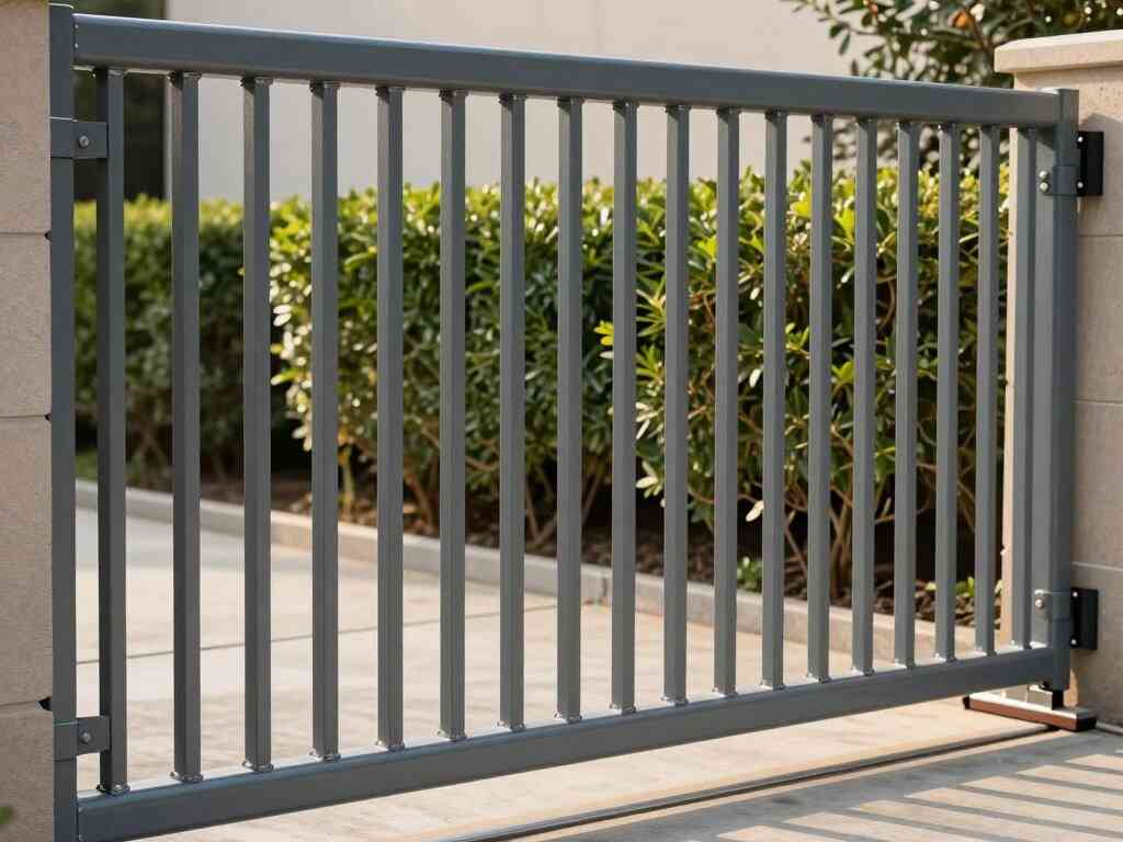 Portón corredizo de barrotes de hierro gris en la entrada de una casa